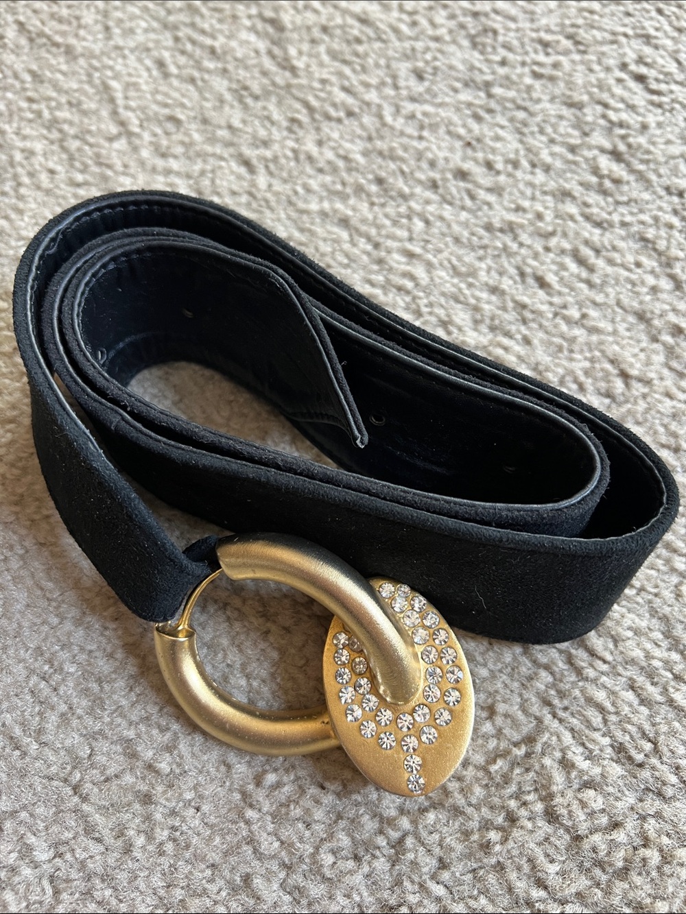 Vintage Fahrenheit New York Black Suede Belt with Gold Rhinestone Buckle